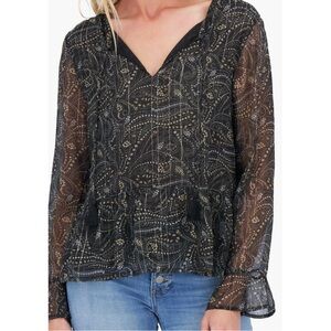 Lucky Brand NWT Chiffon Black Metallic Peplum Long Sleeve Blouse Large Ret.$89